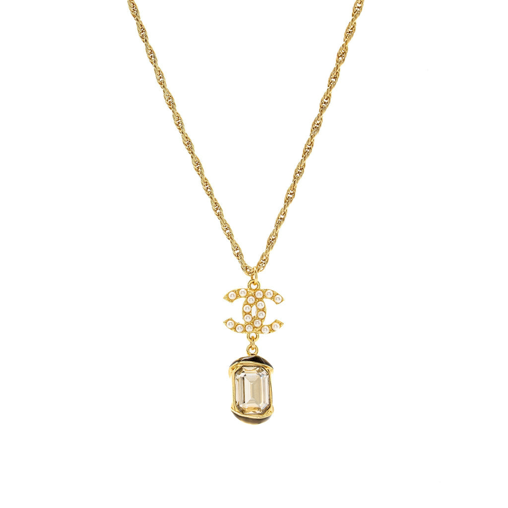 Chanel Pearl CC Pendant with Crystal Drop Necklace Gold Tone