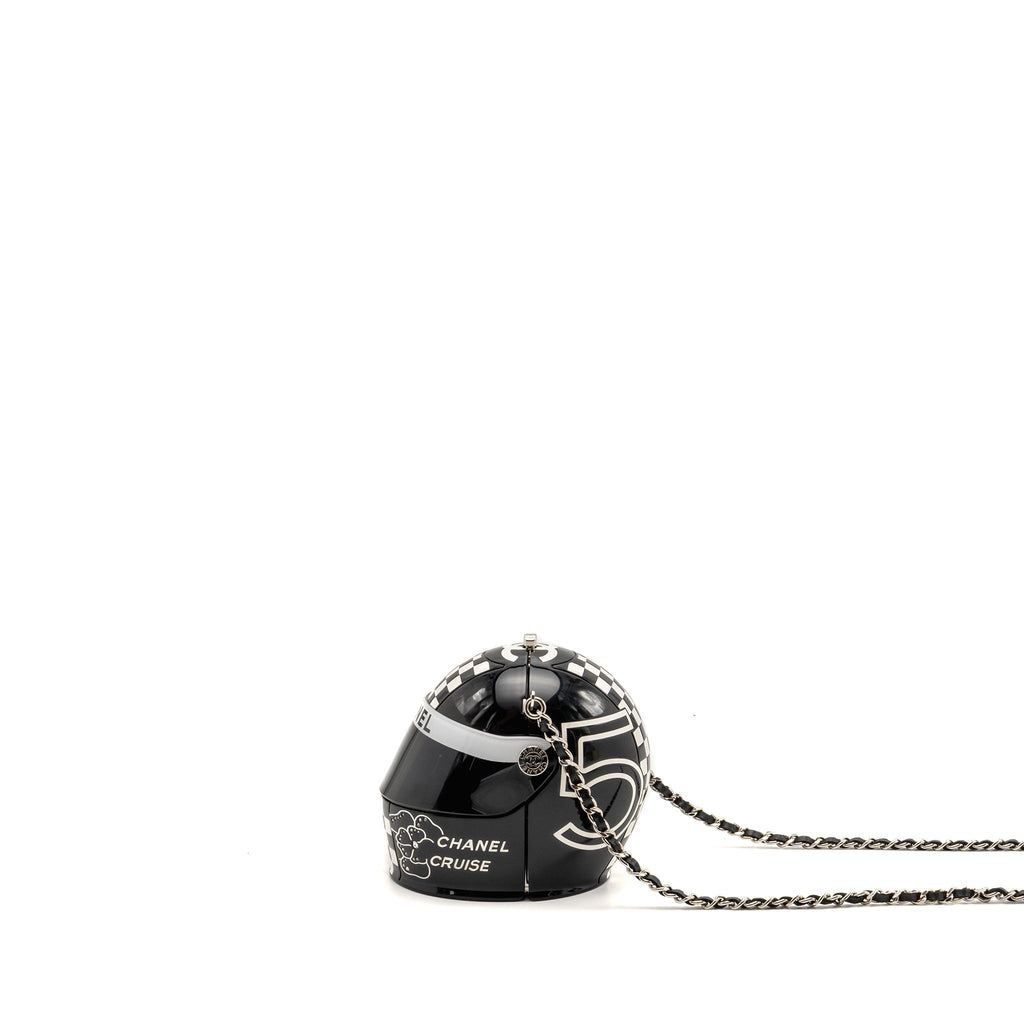 Chanel Monte Carlo Helmet Minaudiere Clutch Bag Plexi/Strass Black/White SHW (Microchip)