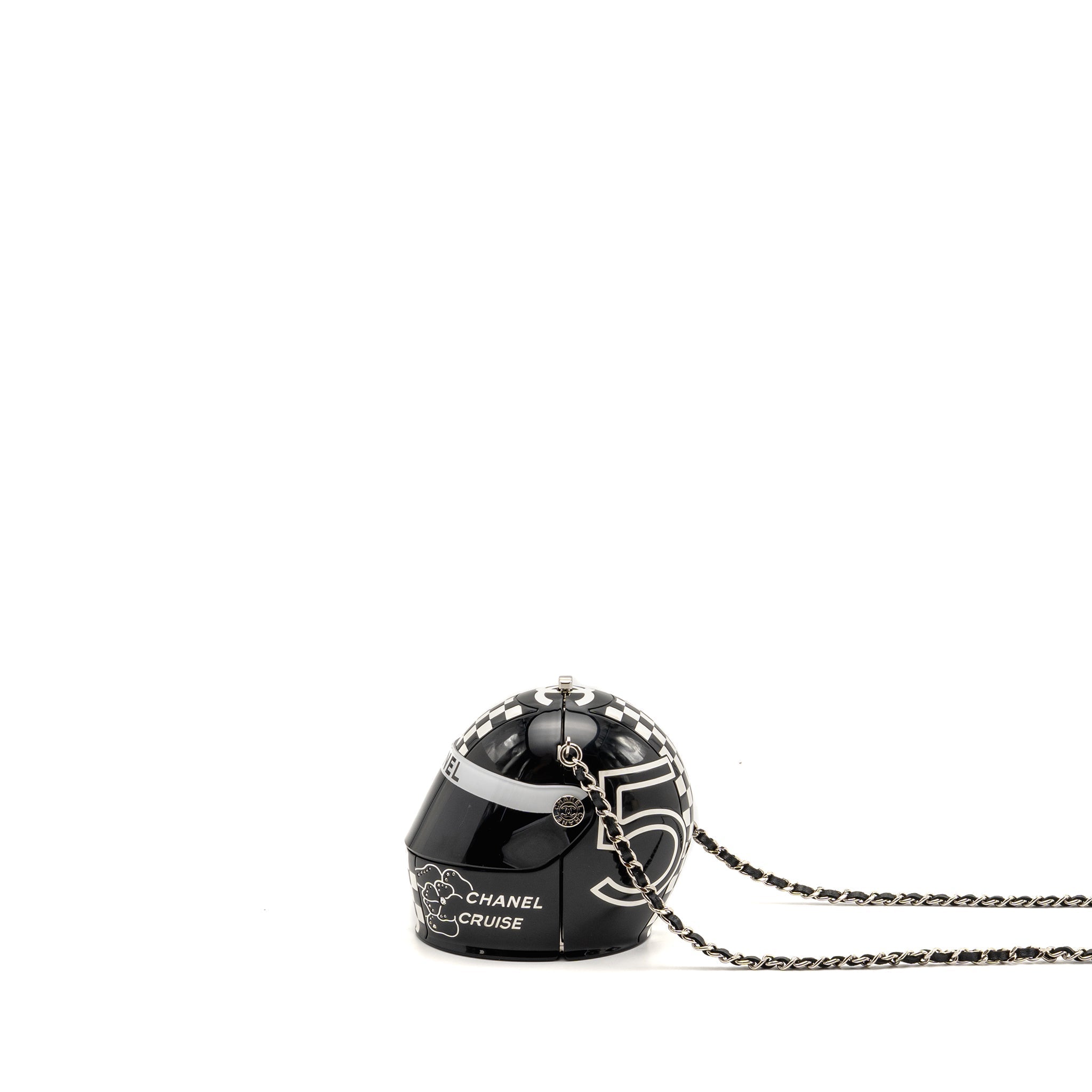 Chanel Monte Carlo Helmet Minaudiere Clutch Bag Plexi/Strass Black/White SHW (Microchip)