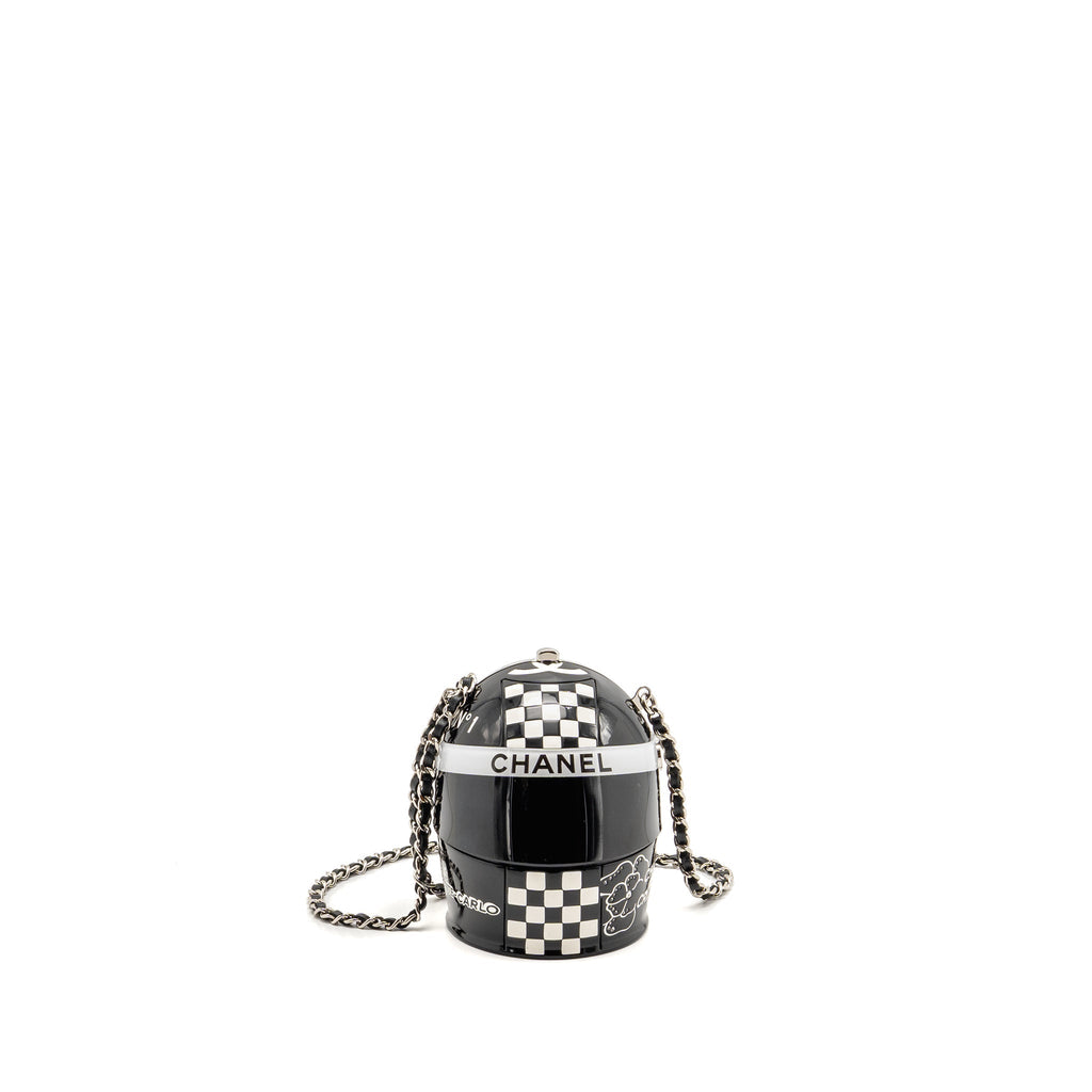 Chanel Monte Carlo Helmet Minaudiere Clutch Bag Plexi/Strass Black/White SHW (Microchip)