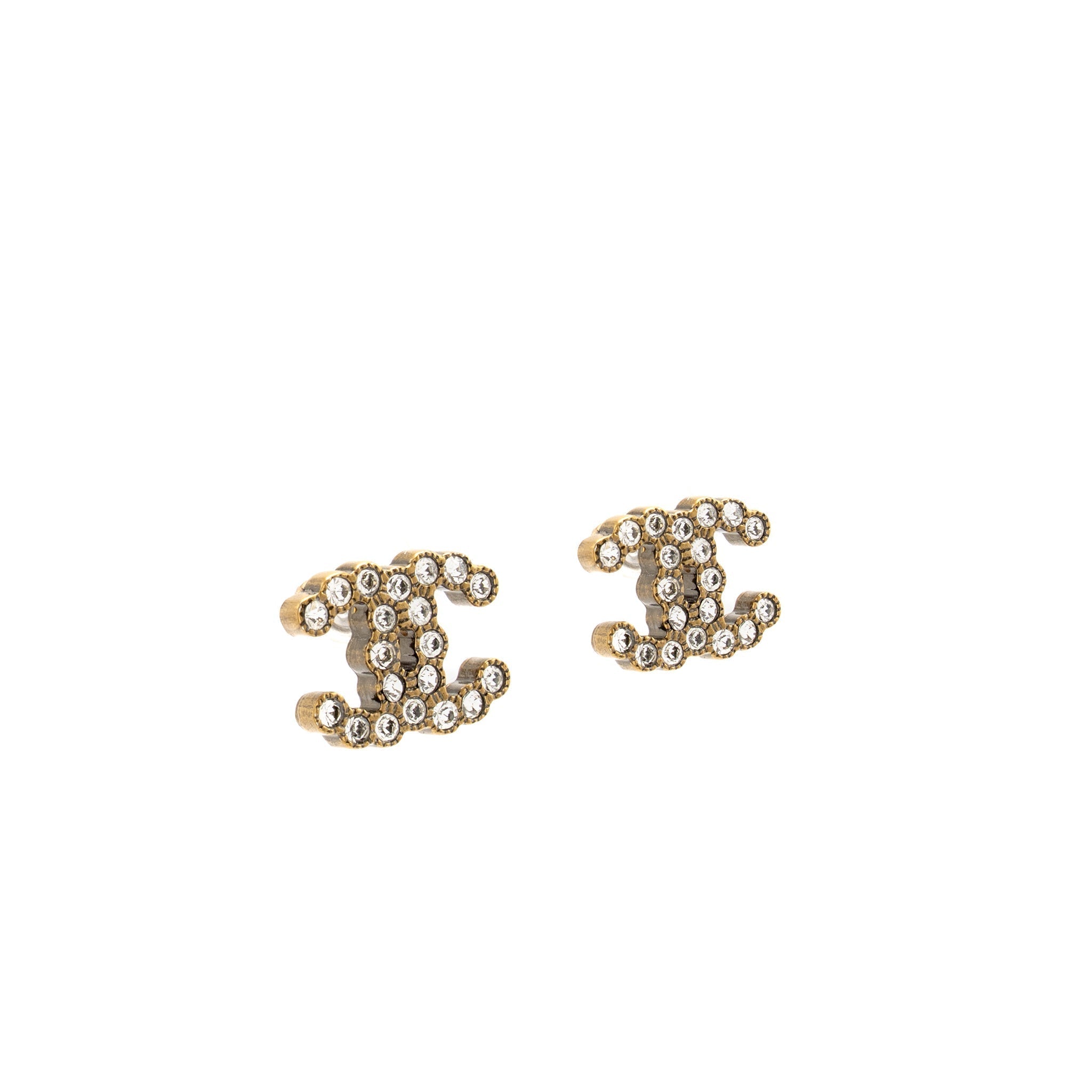 Chanel CC Logo Earrings Crystal Gold Tone