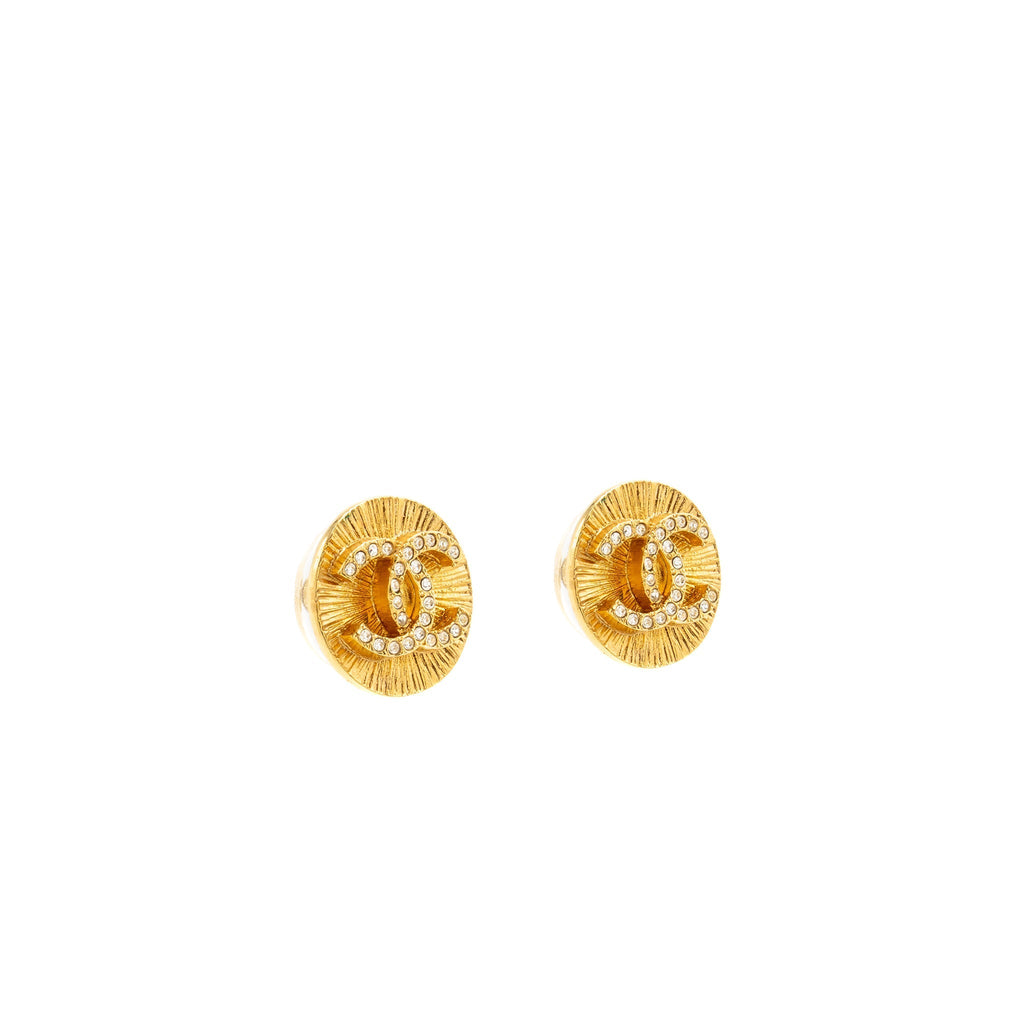 Chanel Round CC Earrings Crystal Gold Tone