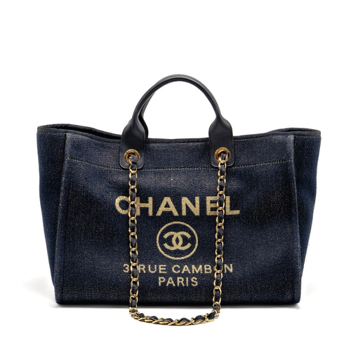 Chanel Large Deauville Tote Shopping Bag Denim/Leather Navy Blue/Gold GHW