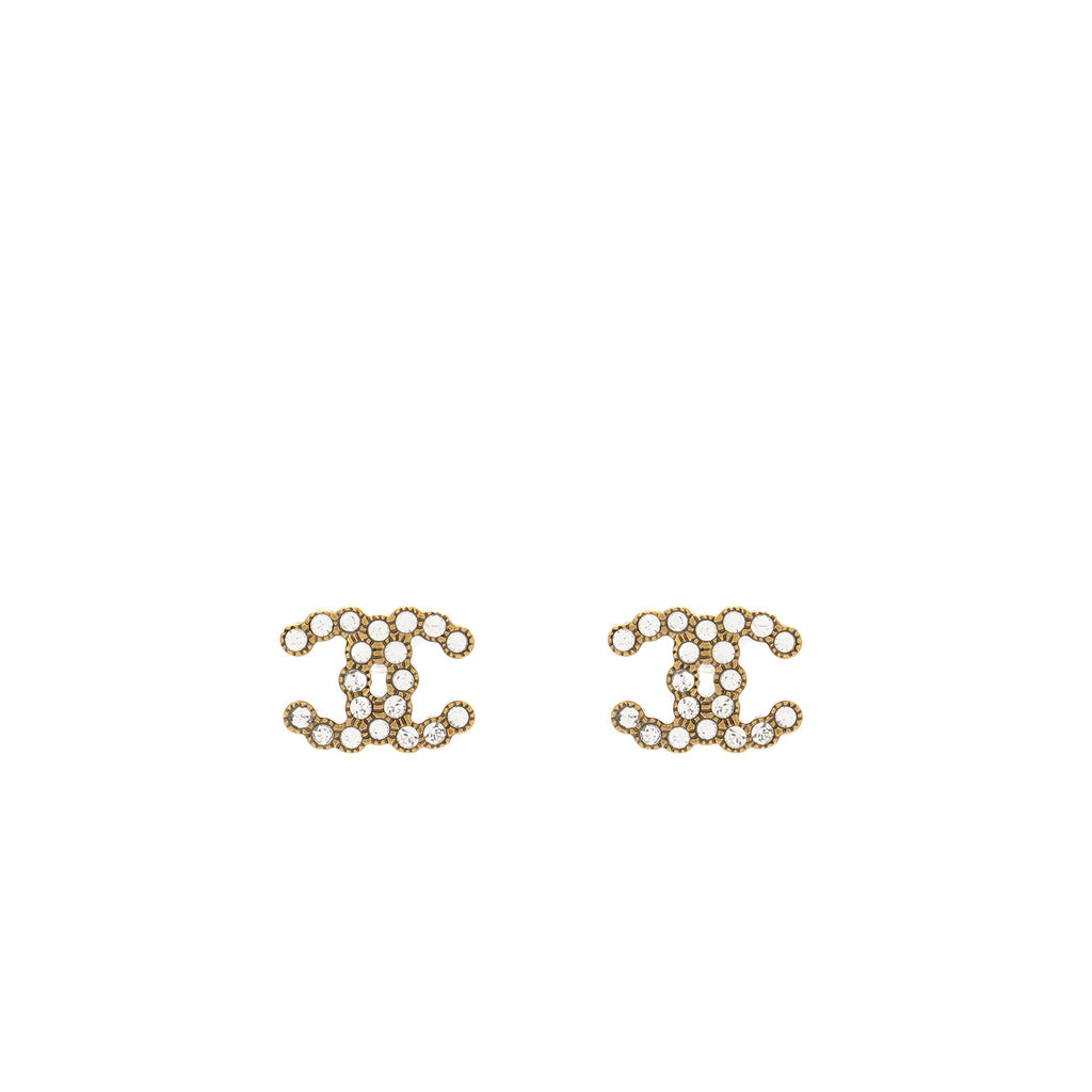 Chanel CC Logo Earrings Crystal Gold Tone