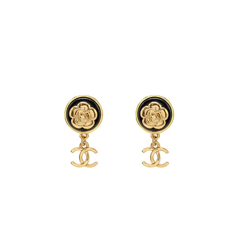 Chanel Round Camellia CC Drop Earrings Black Leather Gold Tone