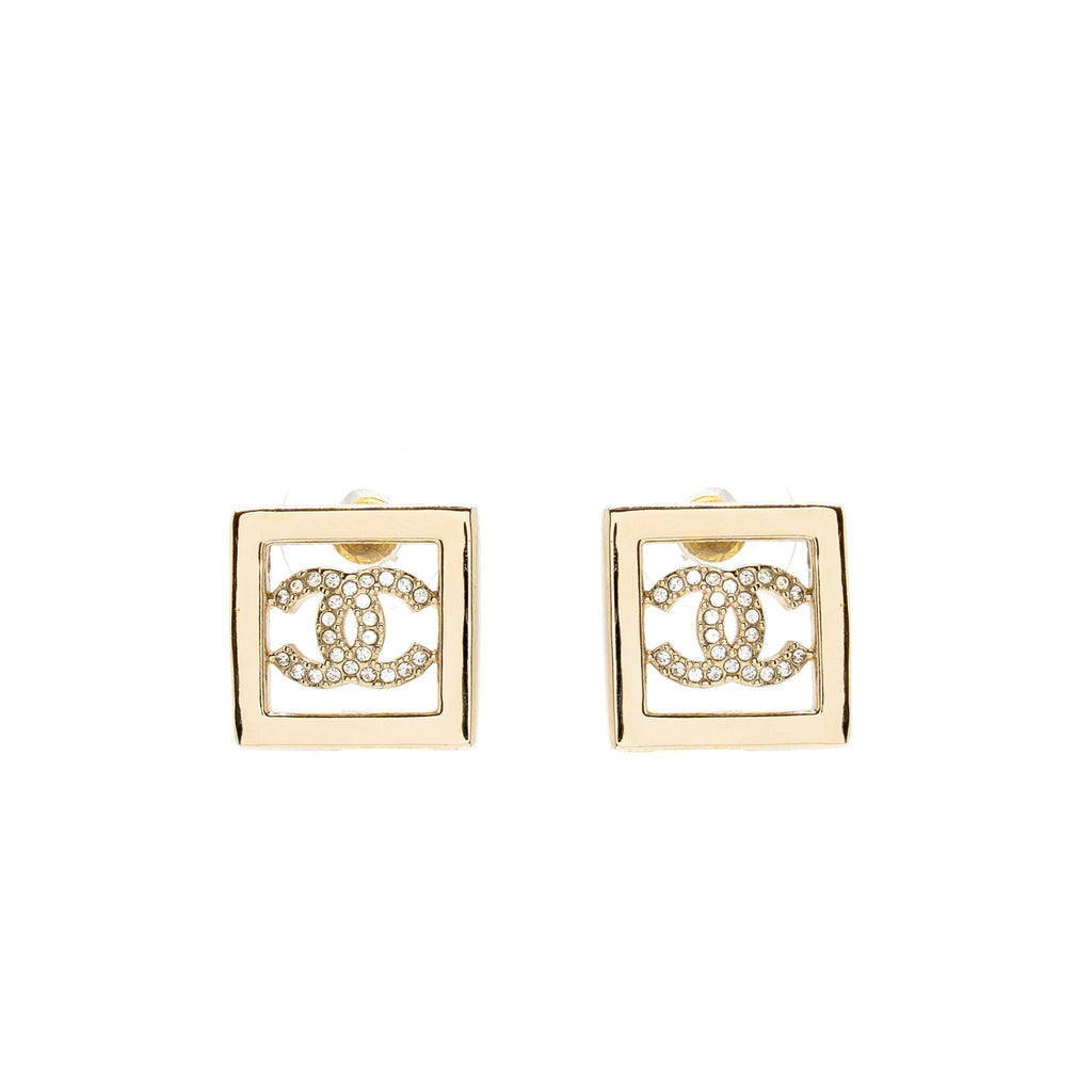 Chanel CC Logo Square Earrings Crystal Light Gold Tone