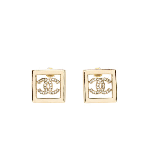 Chanel CC Logo Square Earrings Crystal Light Gold Tone