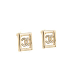 Chanel CC Logo Square Earrings Crystal Light Gold Tone