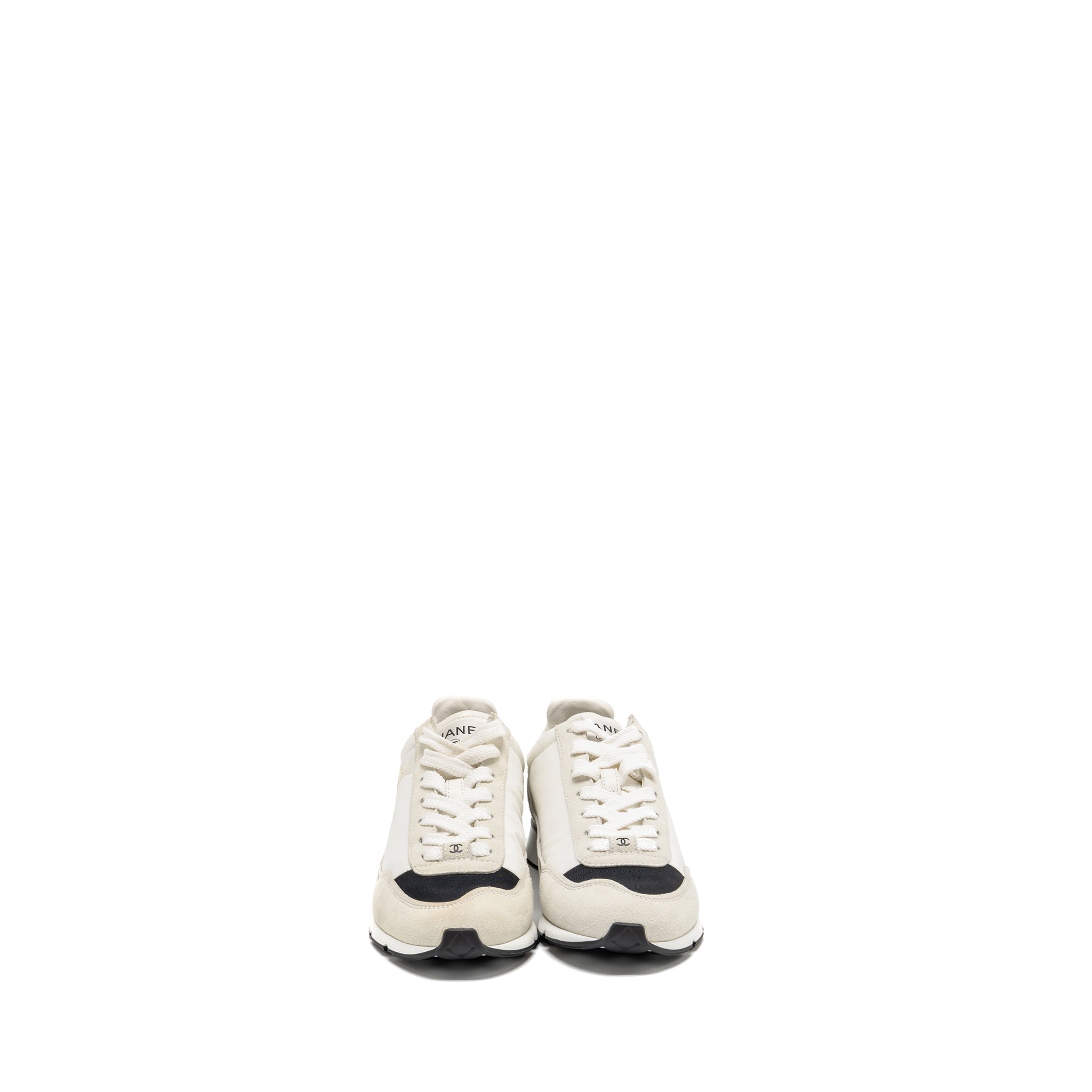 Chanel Size 36.5 CC Logo Sneaker Suede/Nylon/Calfskin White/Grey/Black