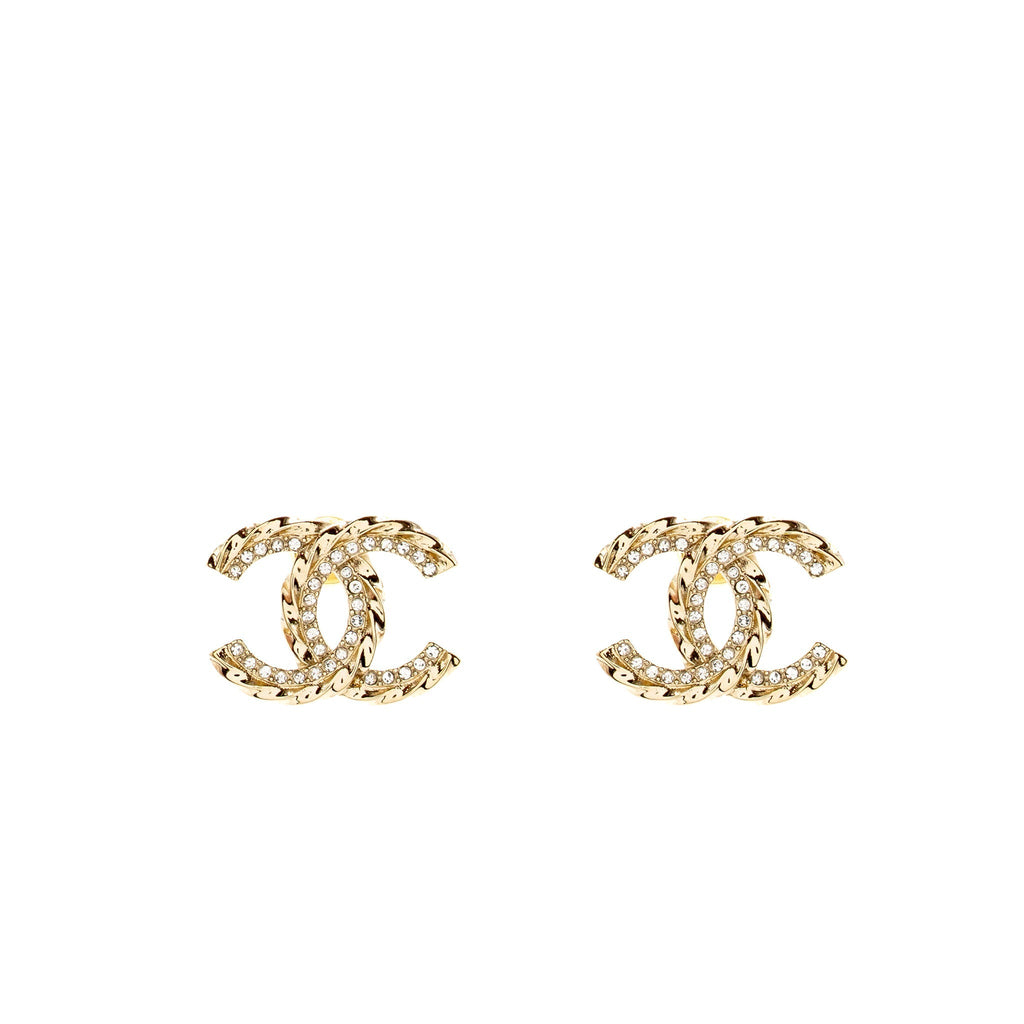 CHANEL 23B CC Logo with Crystal Earrings Light Gold Tone