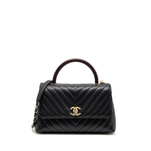Chanel Medium Chevron Coco Handle Caviar Black / burgundy handle LGHW