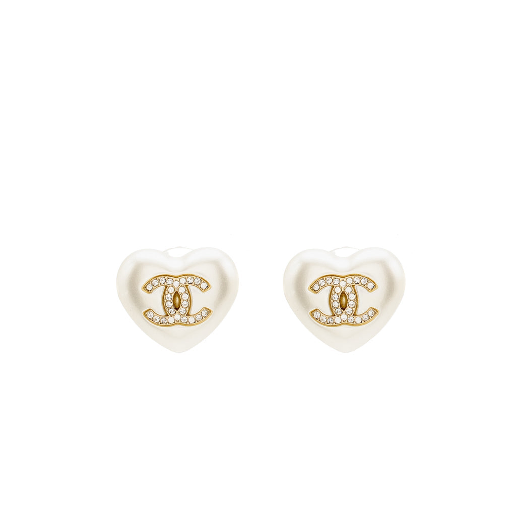 CHANEL Heart Pearl with Crystal CC Logo Earrings Light Gold Tone
