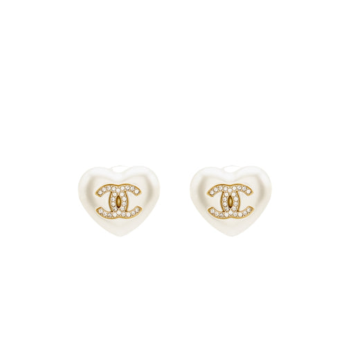 CHANEL Heart Pearl with Crystal CC Logo Earrings Light Gold Tone