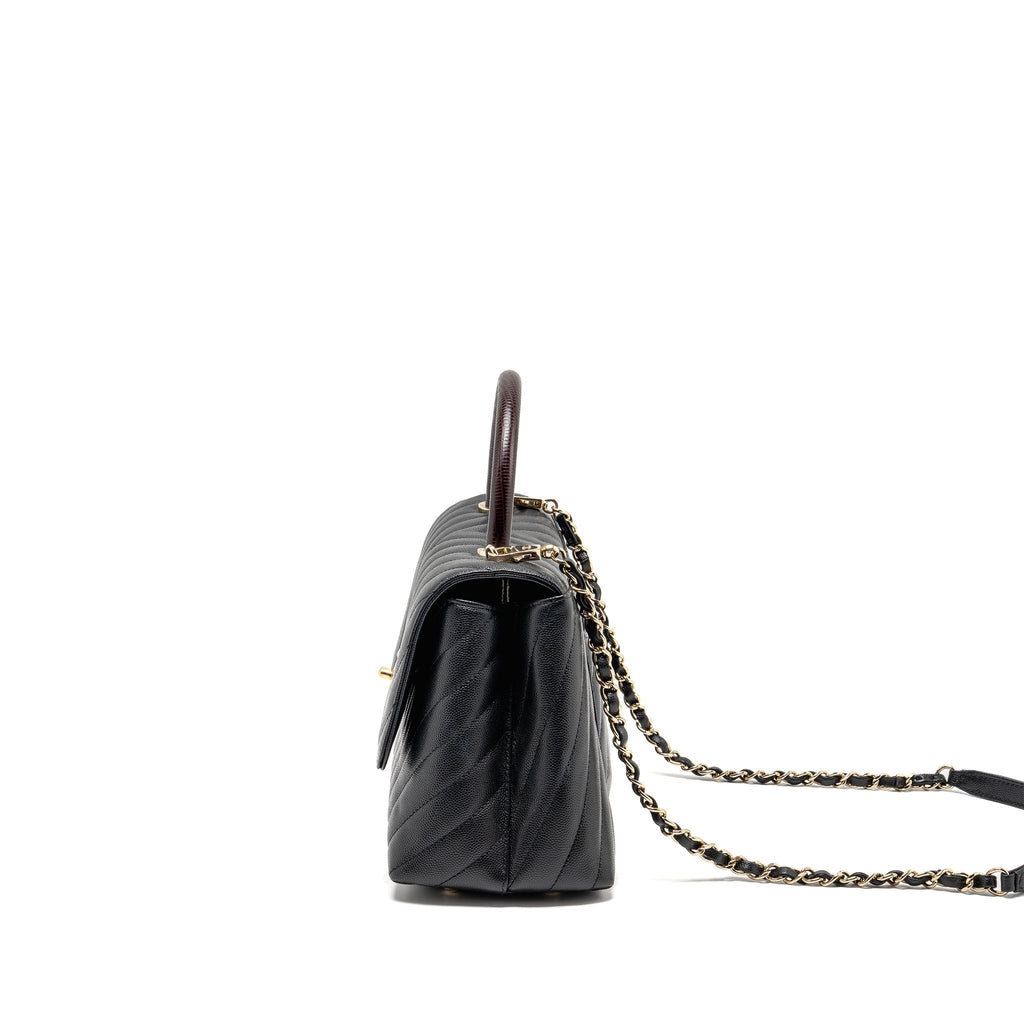 Chanel Medium Chevron Coco Handle Caviar Black / burgundy handle LGHW