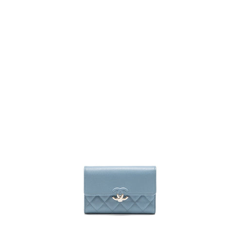 Chanel Quilted CC Logo Flap Wallet Grained Calfskin Blue SHW