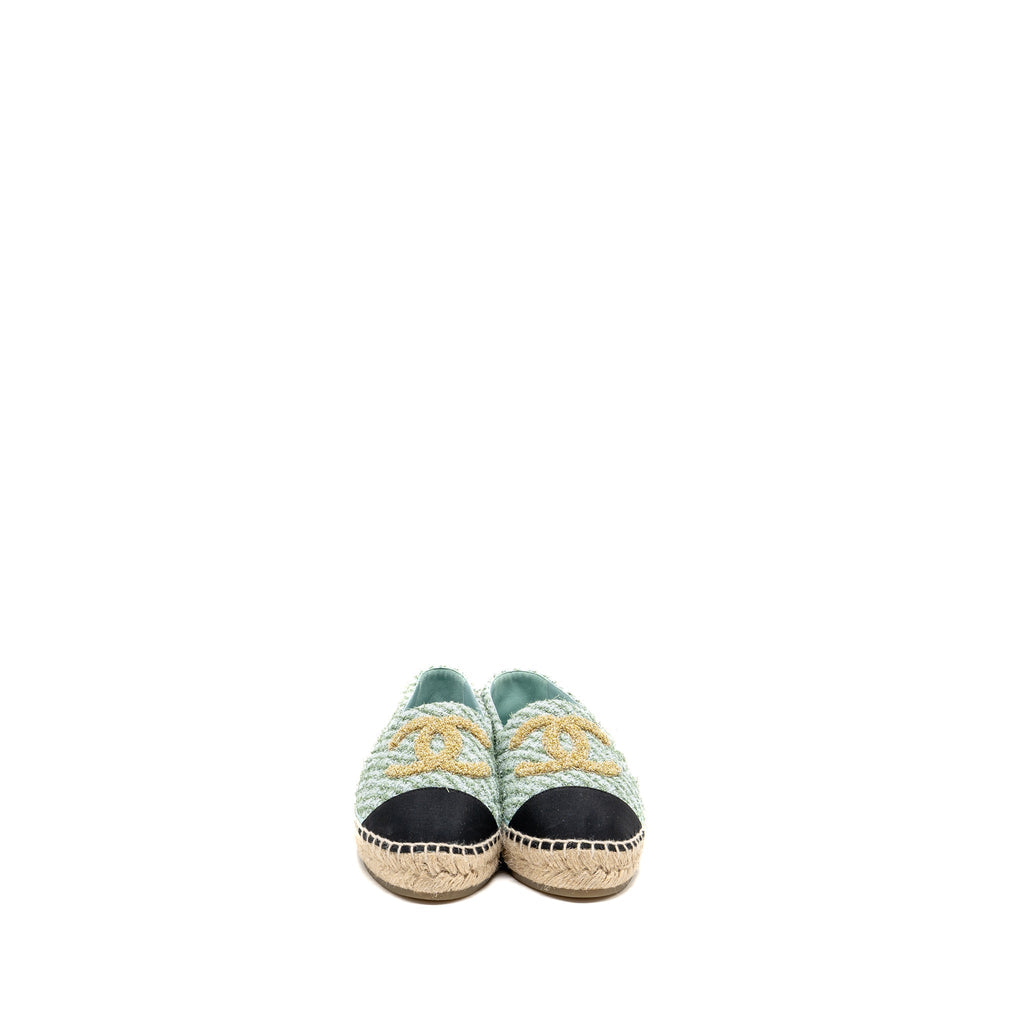 Chanel Size 36 23S Espadrilles Tweed/Grosgrain Light Blue/Green/Black