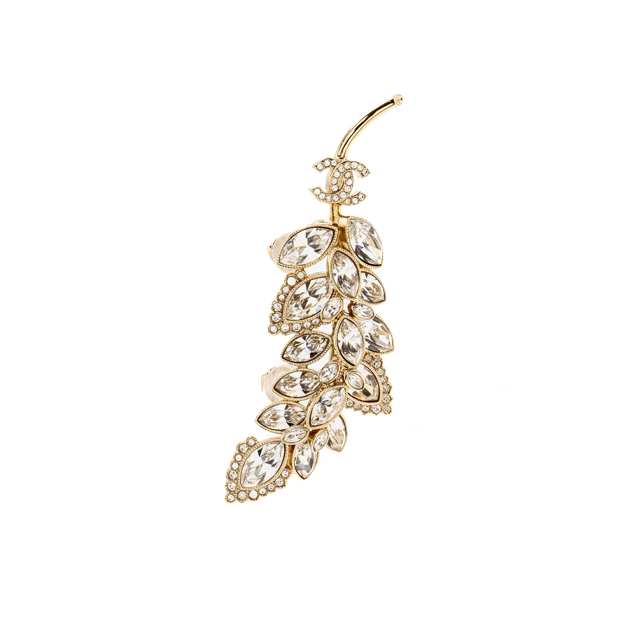 Chanel CC logo Crystal Leaf Single Ear Clips Light Gold Tone
