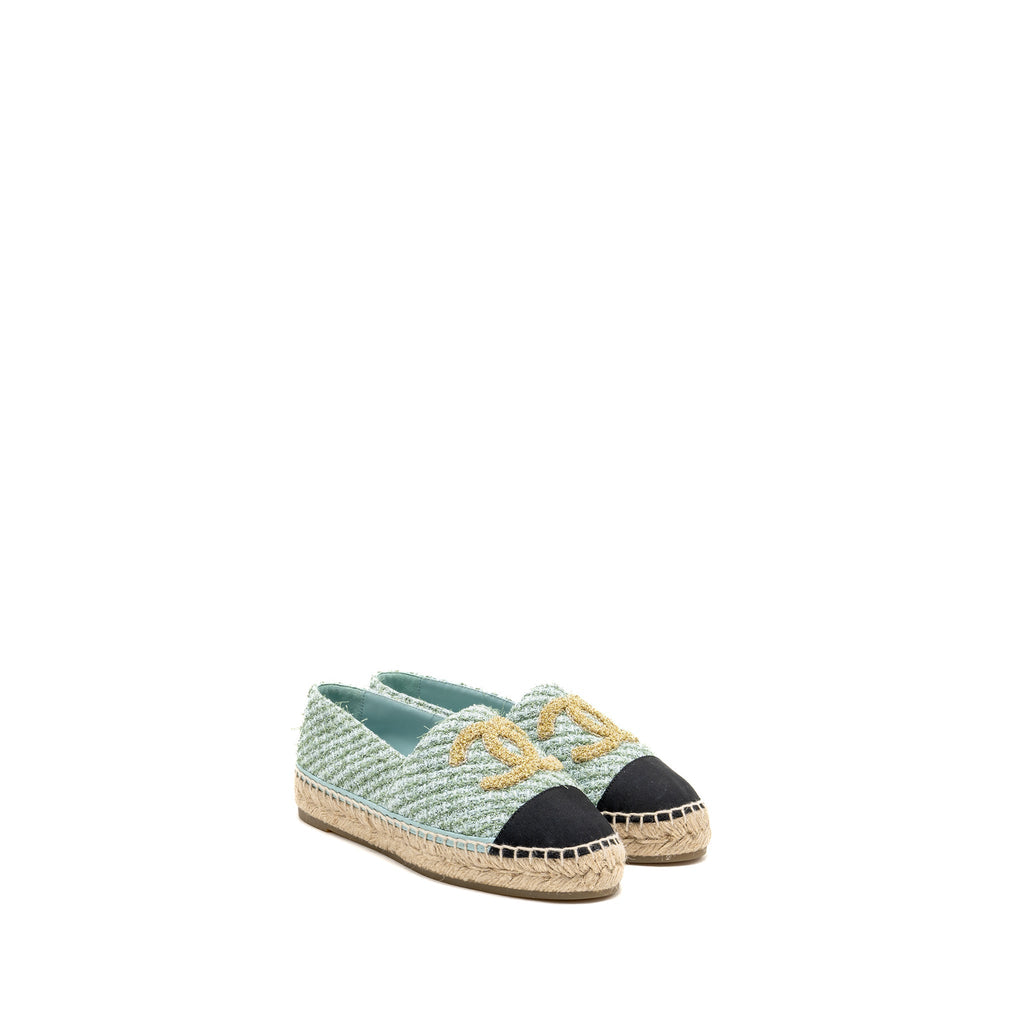 Chanel Size 36 23S Espadrilles Tweed/Grosgrain Light Blue/Green/Black