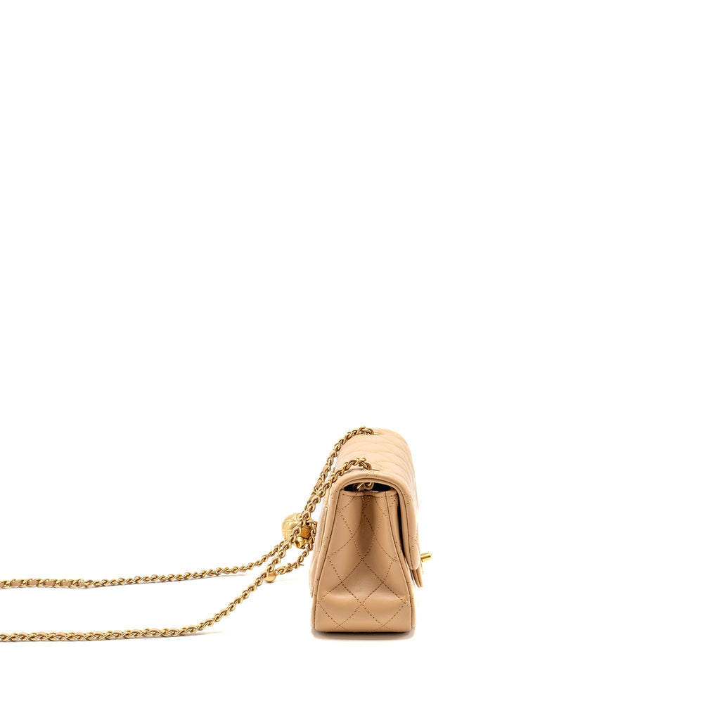 CHANEL Pearl Crush Mini Square Flap Bag Lambskin Beige GHW (Microchip)