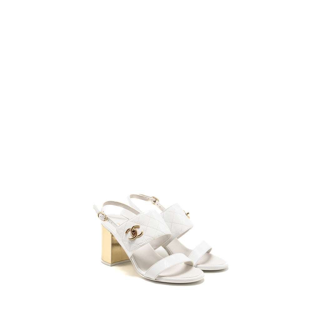 Chanel Size 37 23P CC Logo Sandals Patent Goatskin White GHW