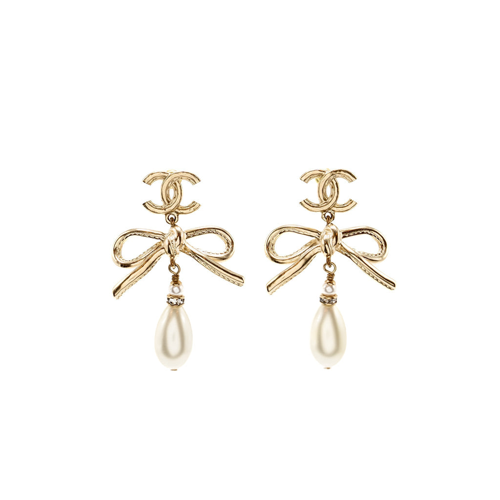 Chanel Giant Bow/Pearl Drop Earrings Light Gold Tone