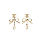 Chanel Giant Bow/Pearl Drop Earrings Light Gold Tone