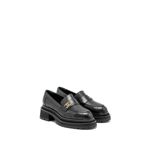 Chanel 23A Size 37 Qulited CC Platform Loafers Black LGHW