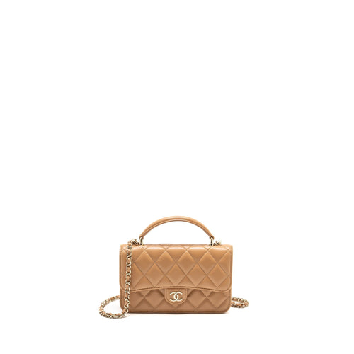 CHANEL Top Handle Mini Flap Bag with Chain Lambskin Caramel LGHW