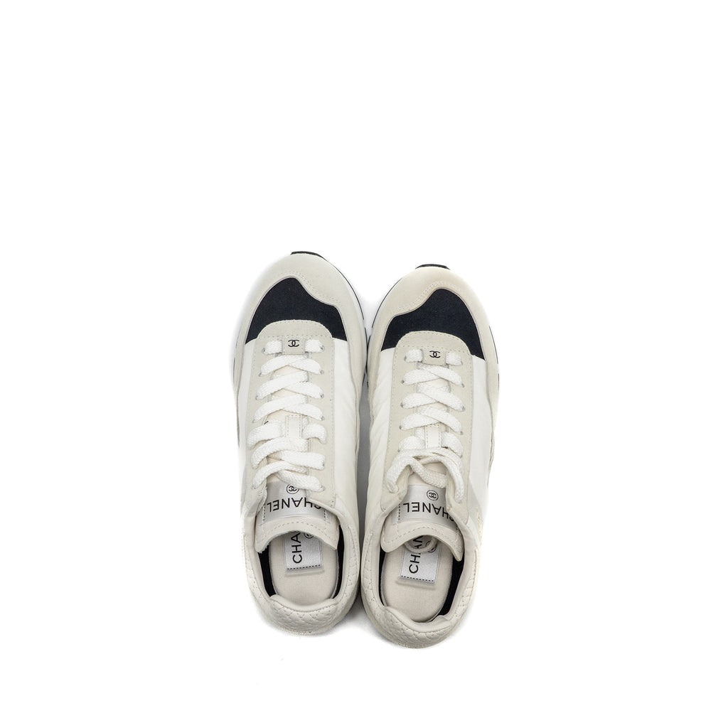 Chanel Size 36.5 CC Logo Sneaker Suede/Nylon/Calfskin White/Grey/Black