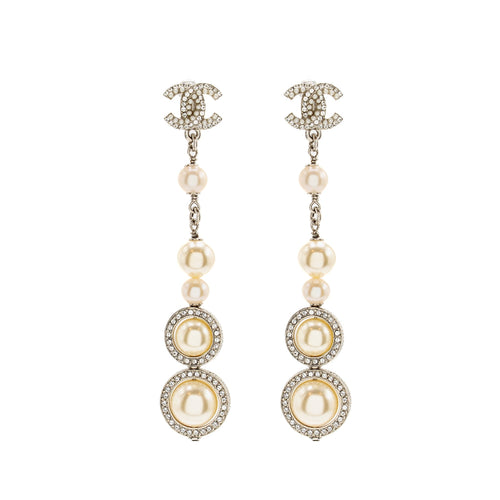 Chanel Crystal Pearl Dropped CC Logo Earrings Silver Tone