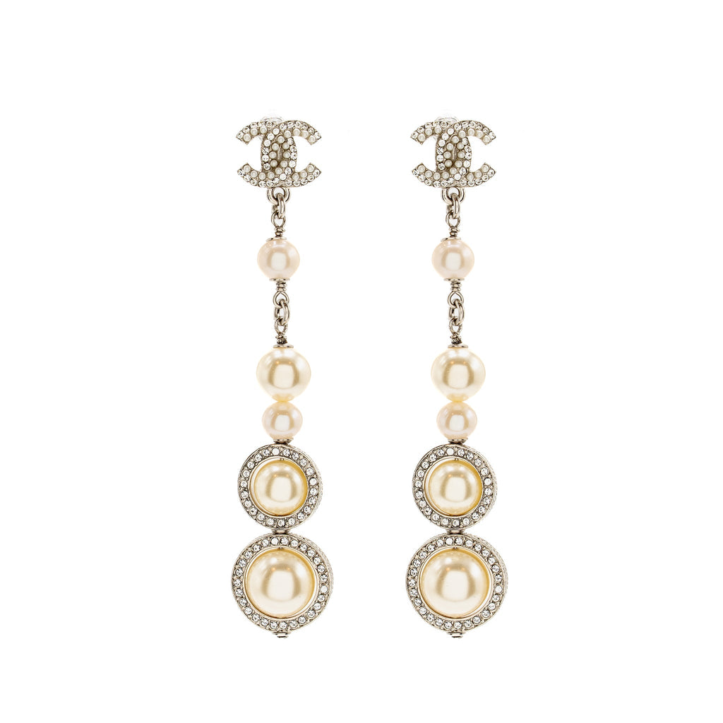 Chanel Crystal Pearl Dropped CC Logo Earrings Silver Tone
