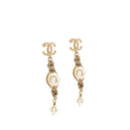 Chanel Chain/Pearl Dropped CC Logo Earrings Gold Tone