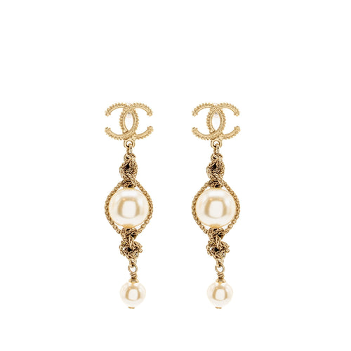 Chanel Chain/Pearl Dropped CC Logo Earrings Gold Tone