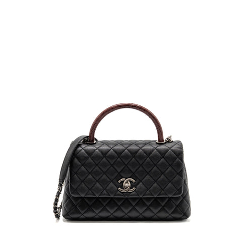 Chanel Medium Coco Handle Caviar/Lizard Handle Black/Burgundy Ruthenium Hardware