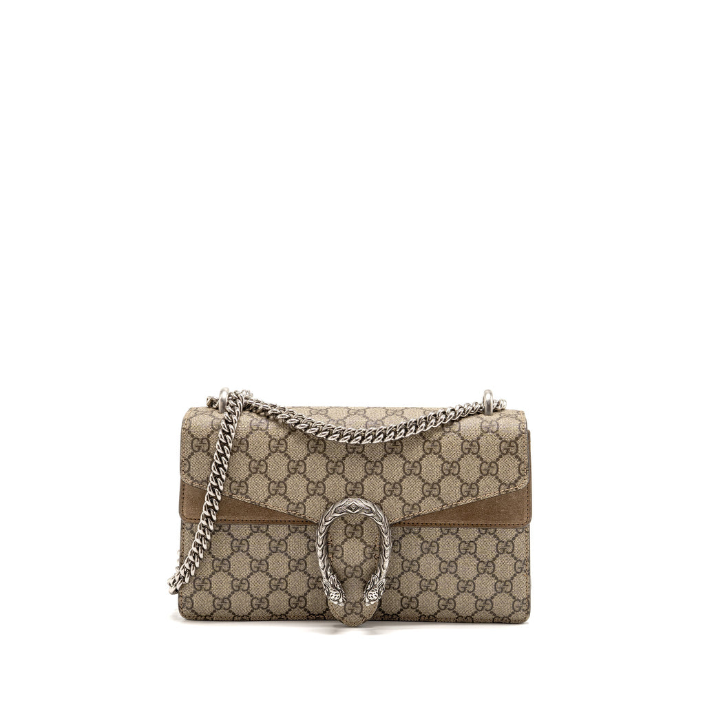 GUCCI Small Dionysus Shoulder Bag GG Supreme Canvas/ Suede Brown SHW