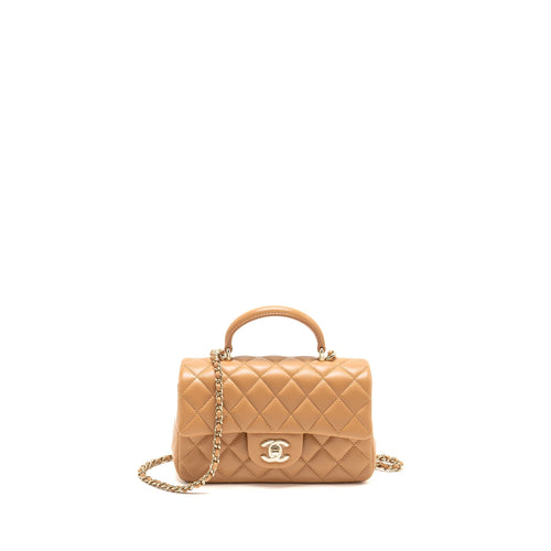 Chanel Top Handle Mini Rectangular Flap Bag Lambskin Caramel LGHW(microchip)