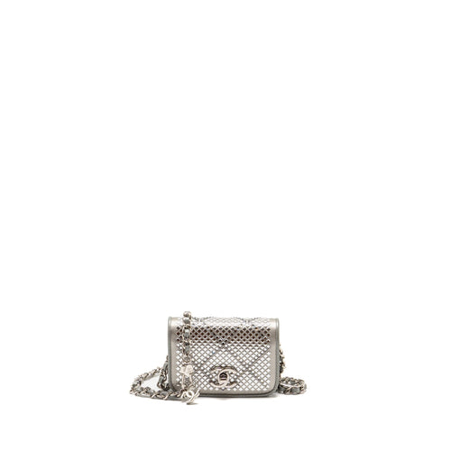 Chanel 22A Mini Studded Chain Belt Bag with Crystal Metallic Lambskin Silver SHW (Microchip)