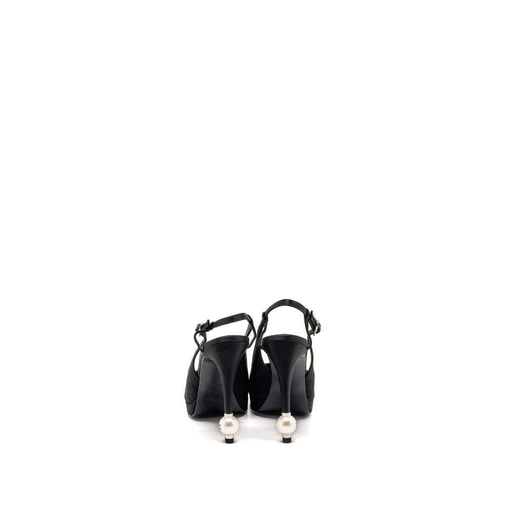 Chanel Size 38 Heels with Pearl Satin Black