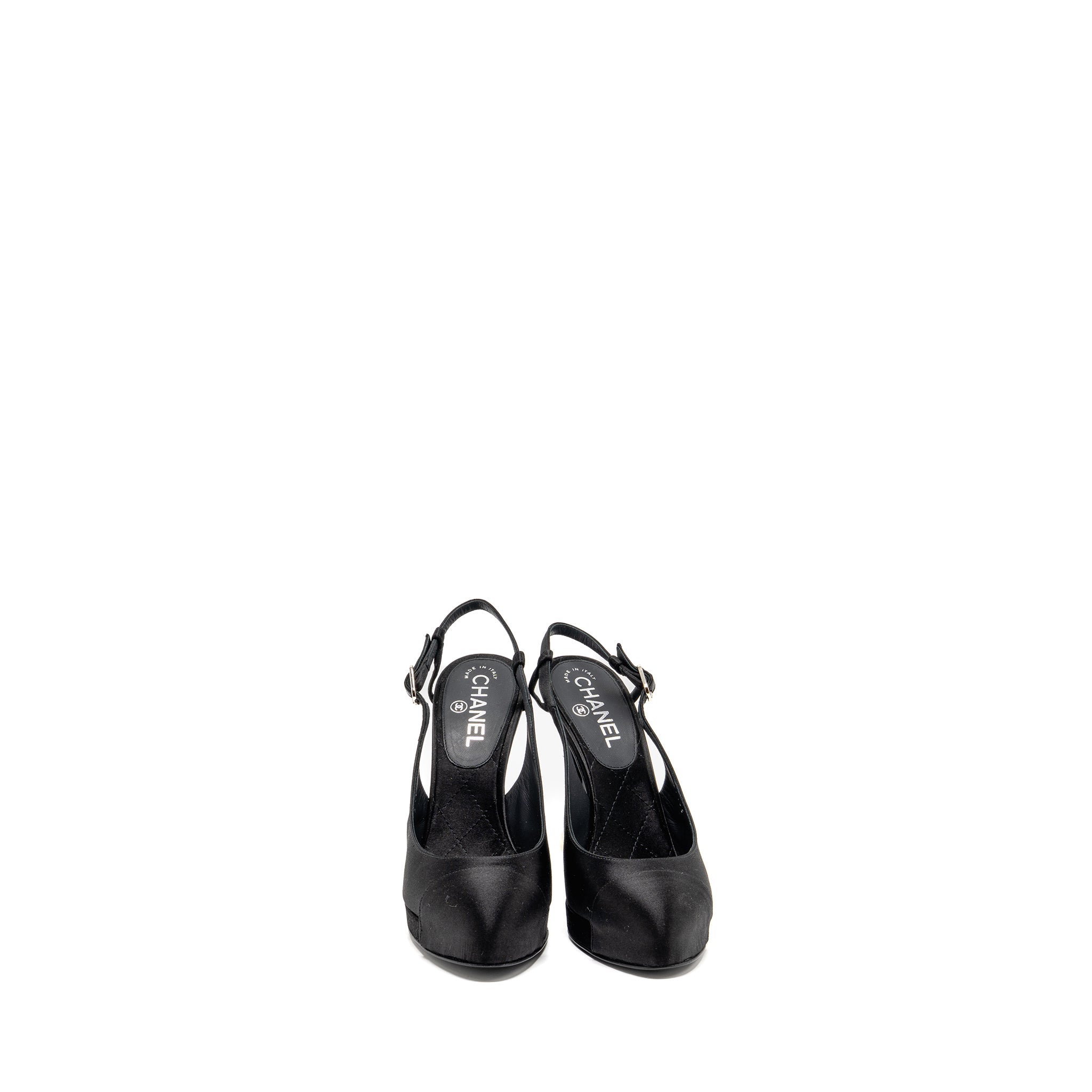 Chanel Size 38 Heels with Pearl Satin Black