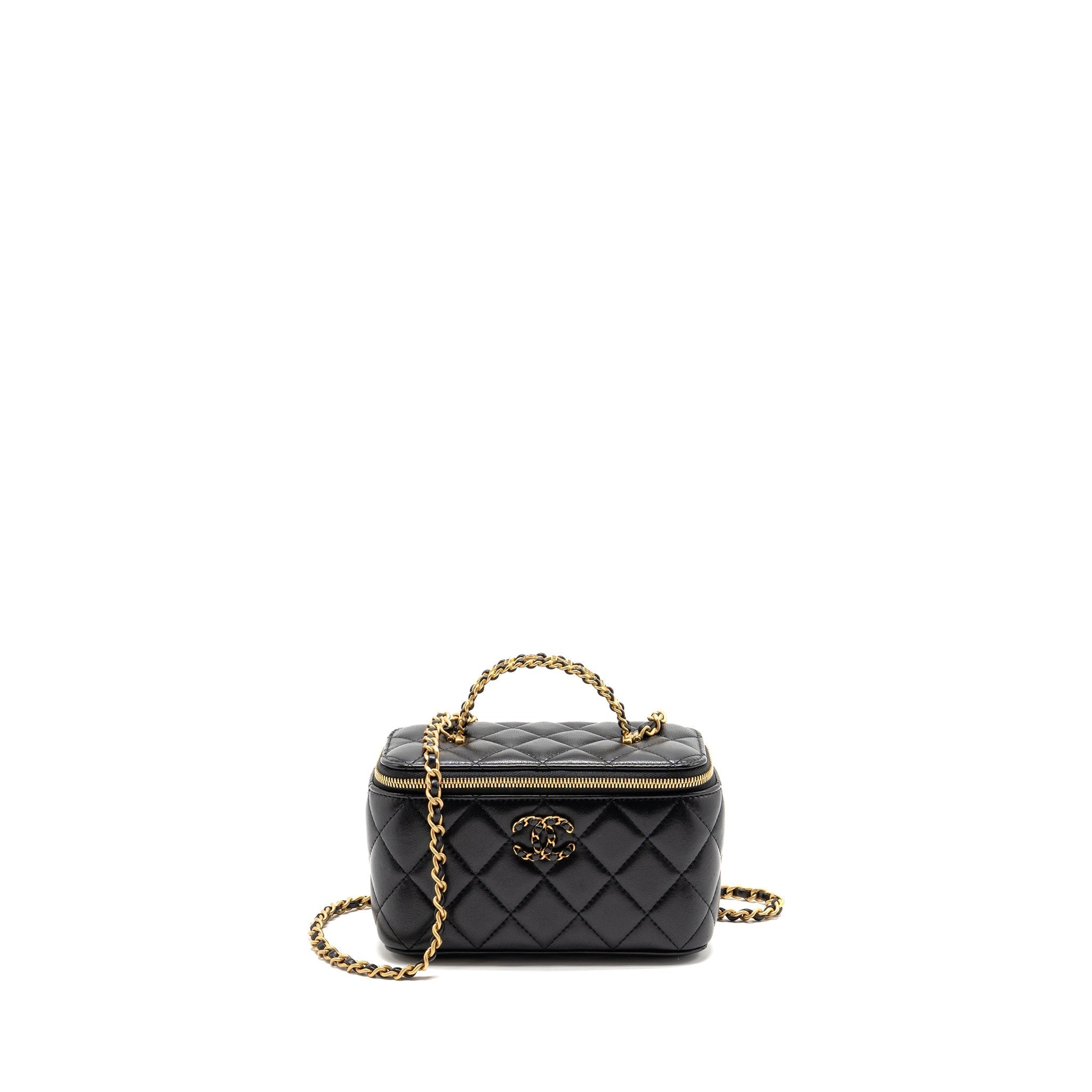 Chanel letter twist top handle long vanity with chain lambskin black GHW (microchip)