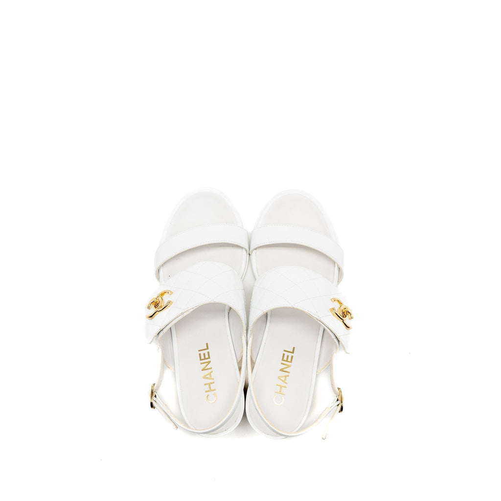 Chanel Size 37 23P CC Logo Sandals Patent Goatskin White GHW