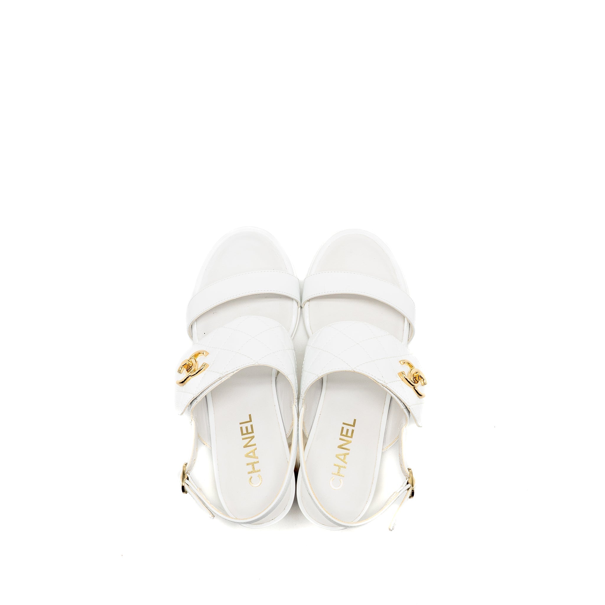 Chanel Size 37 23P CC Logo Sandals Patent Goatskin White GHW