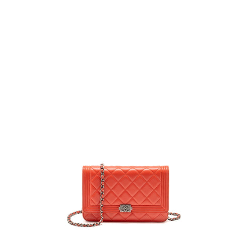 Chanel Boy Wallet On Chain Lambskin Red Ruthenium Silver Hardware