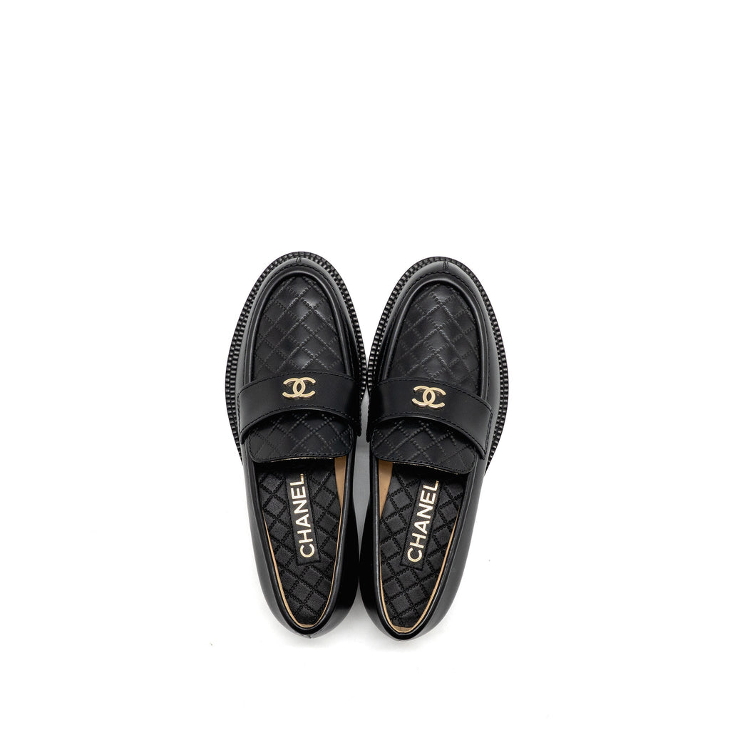 Chanel Size 37.5 CC Quilted Loafers Leather Black LGHW