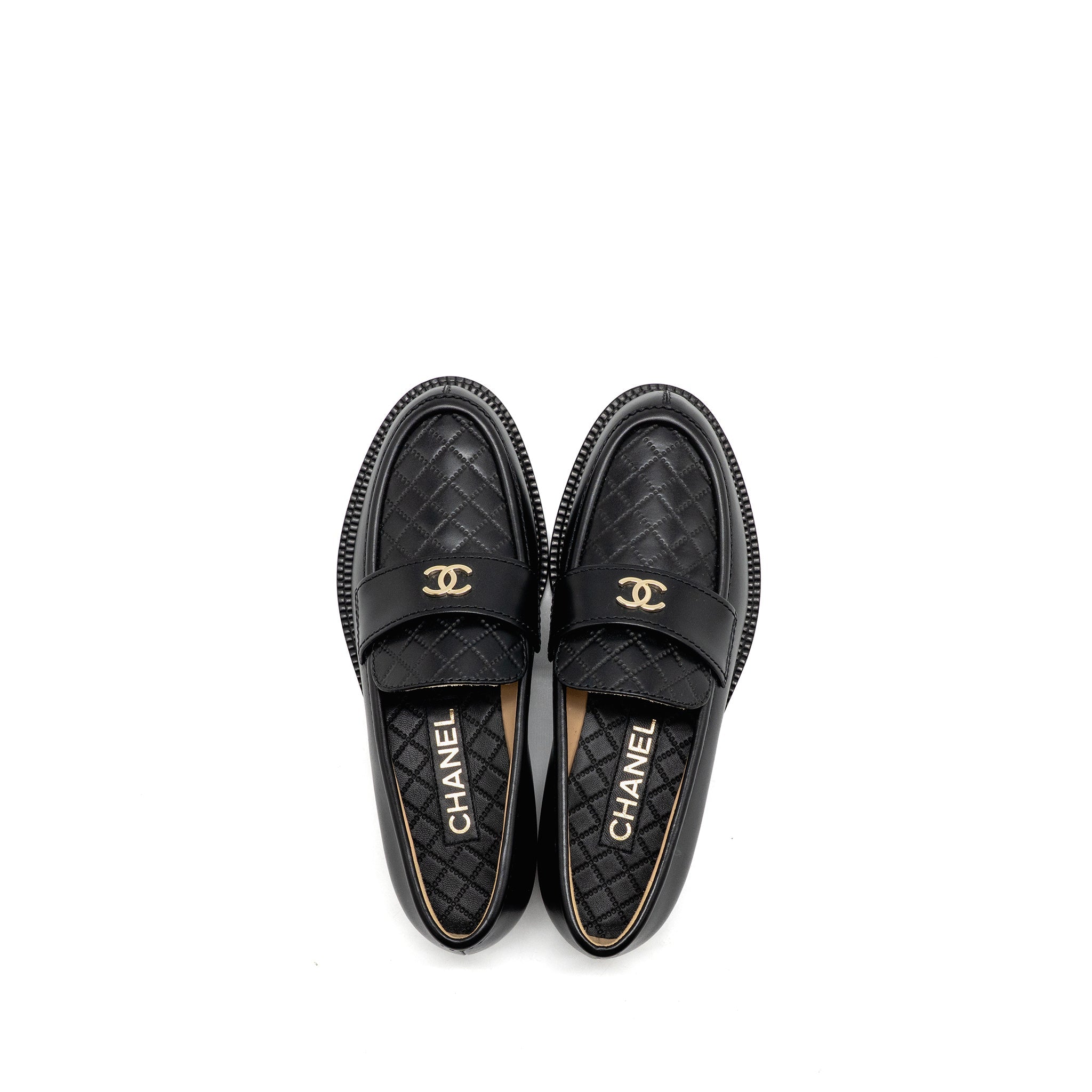 Chanel Size 37.5 CC Quilted Loafers Leather Black LGHW