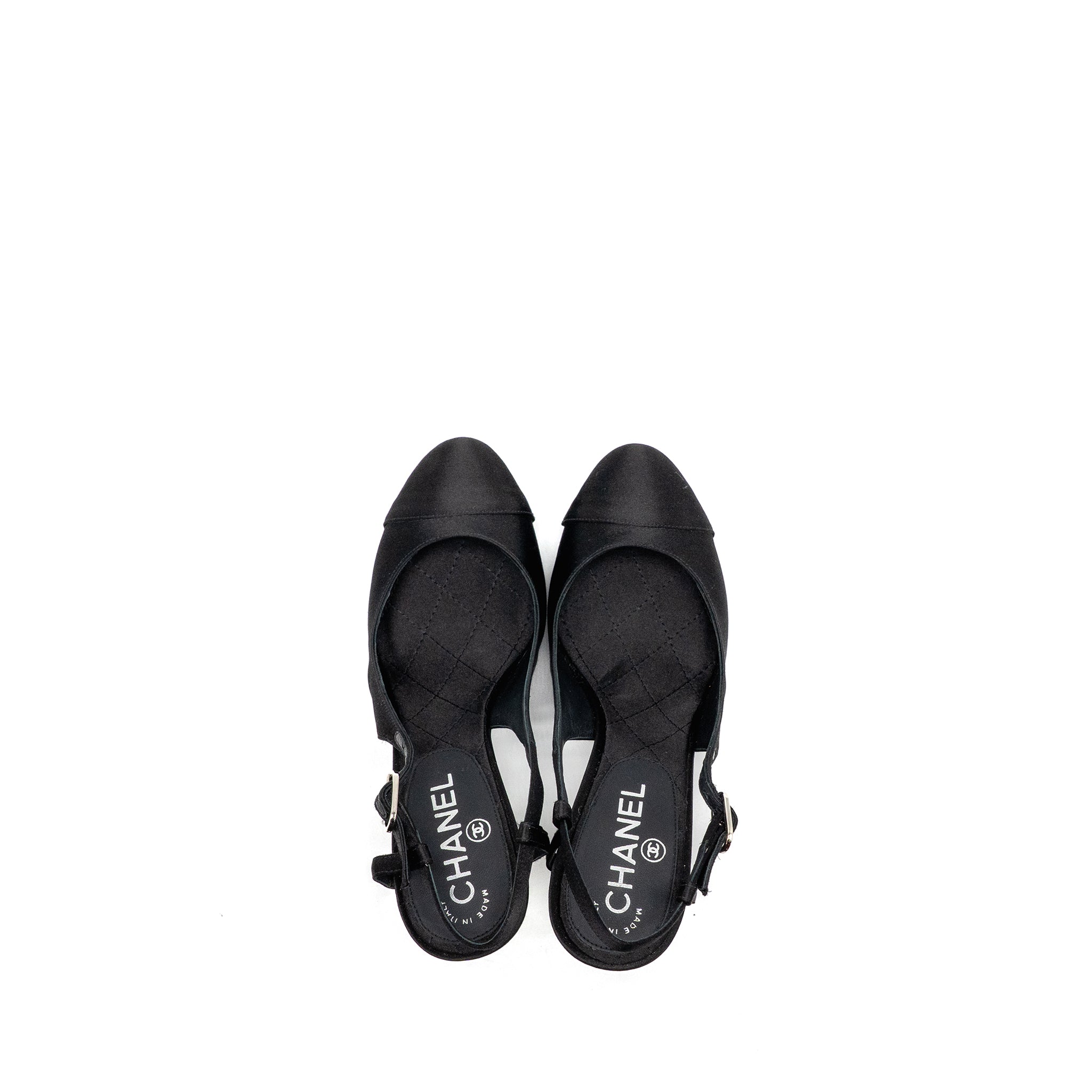 Chanel Size 38 Heels with Pearl Satin Black