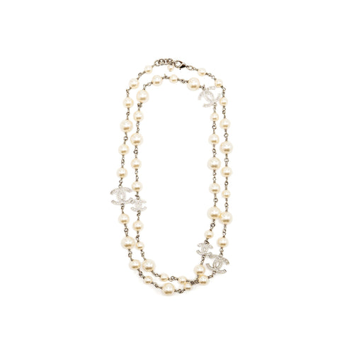 Chanel Pearl and CC Logo with Crystal Long Necklace Silver Tone