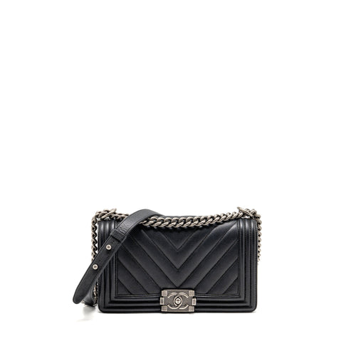 Chanel Medium Boy Bag Chevron Caviar Black Ruthenium Silver Hardware