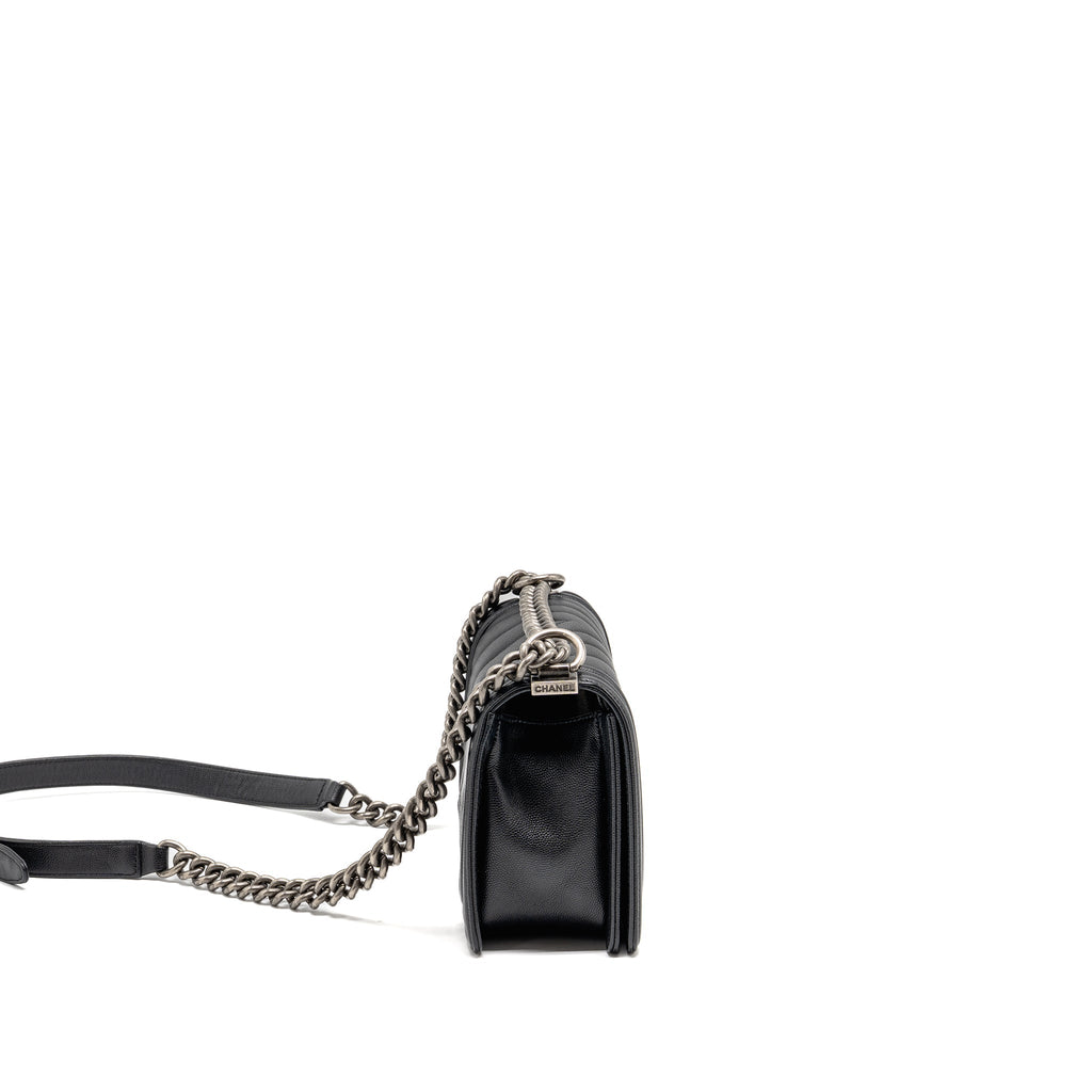 Chanel Medium Boy Bag Chevron Caviar Black Ruthenium Silver Hardware