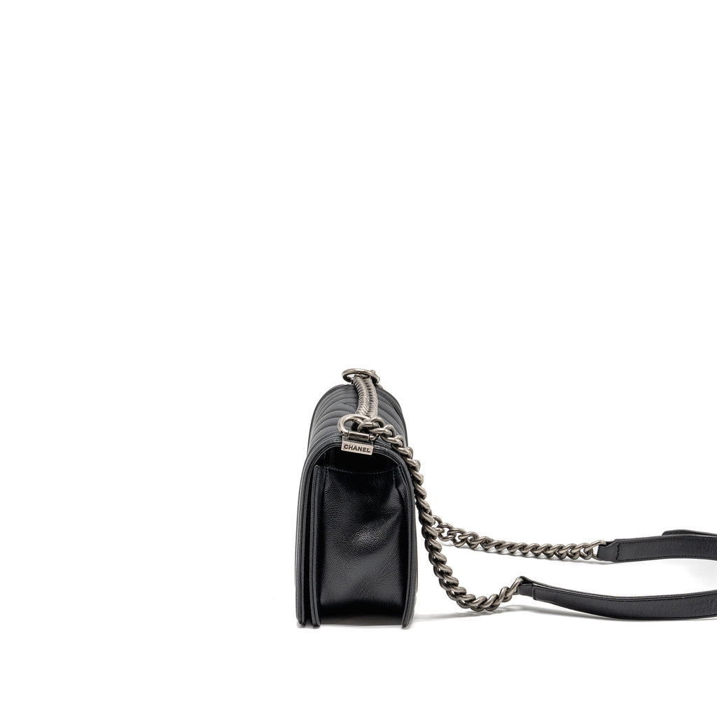 Chanel Medium Boy Bag Chevron Caviar Black Ruthenium Silver Hardware